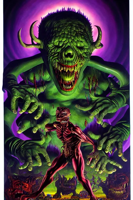 Image similar to a hyperrealistic painting of an epic boss fight against an ornate supreme dark mutant overlord, cinematic horror by chris cunningham, lisa frank, richard corben, highly detailed, vivid color,