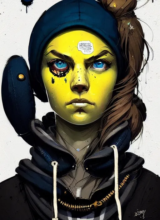 Image similar to highly detailed portrait of a sewerpunk lady student, blue eyes, tartan hoody, hat, white hair by atey ghailan, by greg rutkowski, by greg tocchini, by james gilleard, by joe fenton, by kaethe butcher, gradient yellow, black, brown and cyan color scheme, grunge aesthetic!!! ( ( graffiti tag wall background ) )