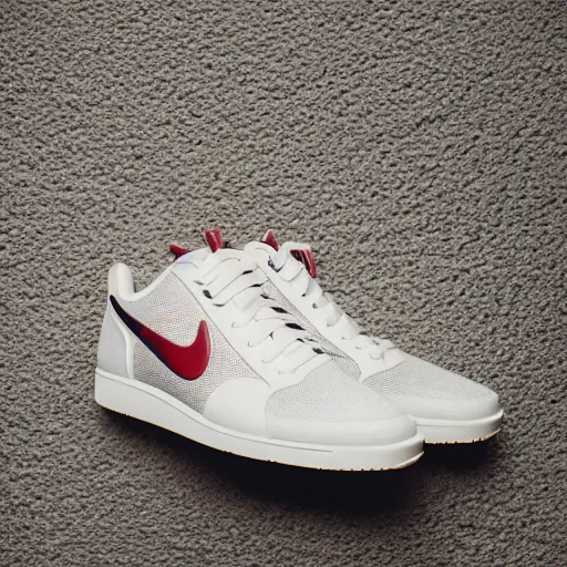 Image similar to a studio photoshoot of Nike low top sneakers designed by Tom Sachs, leather with knitted mesh material, gum rubber outsole, realistic, color film photography by Tlyer Mitchell, 35 mm, graflex