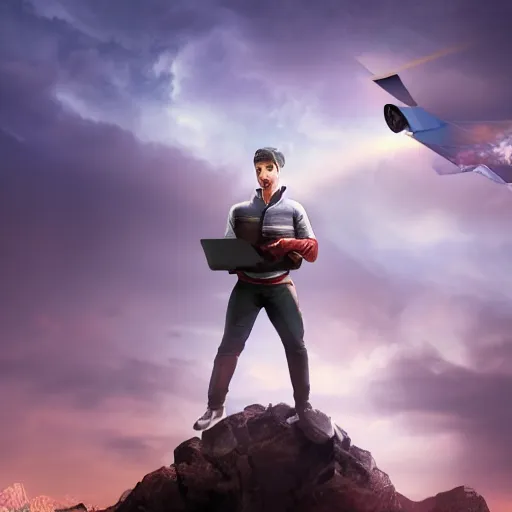 Image similar to developer hero with laptop flying to save the world, photorealistic, dramatic cinematic