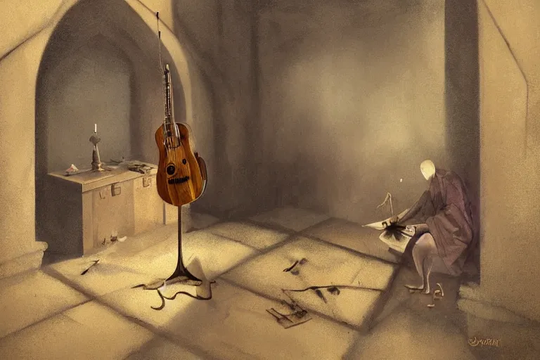 Image similar to still life. an empty brutalist chamber, lonely, somber, a cursed demonic istrument lute, oud, guitar designed by brian froud leans against the wall alone, abandoned. a thin wisp of smoke rises from the lute. late afternoon lighting cinematic fantasy painting by jessica rossier