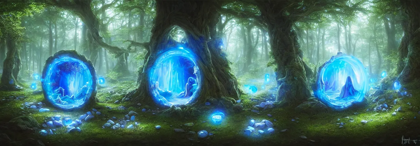 Image similar to Fantasy Magical fairy-tale glowing blue stone portal in the forest. Round stone portal teleport in trees to other worlds. Fantastic landscape. Magic Altar in the fores, highly detailed, digital painting, artstation, concept art, smooth, sharp focus, illustration, art by artgerm and greg rutkowski and alphonse mucha