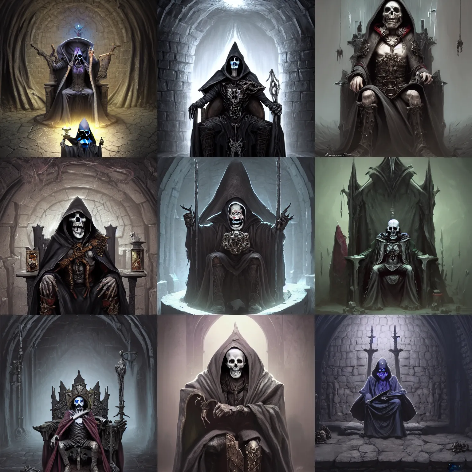 Prompt: wizard necromancer sitting on a throne inside dungeon crypt, wearing a dark hood, face replaced with skull painting, gray stone wall behind him by Stanley Artgerm Lau, WLOP, Rossdraws, James Jean, Andrei Riabovitchev, Marc Simonetti, and Sakimichan, Unreal Engine, 4k, trending on Artstation