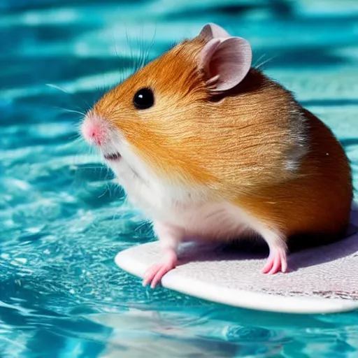 Prompt: hamster relaxing on a miniature surfboard in the pool and smiling, close up, dslr photo
