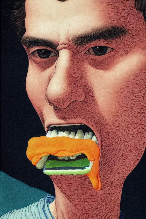 Prompt: a closeup portrait of a young italian man licking a blotter paper of LSD acid on his tongue and dreaming psychedelic hallucinations, by kawase hasui, moebius, Edward Hopper and James Gilleard, Zdzislaw Beksinski, Steven Outram colorful flat surreal design, hd, 8k, artstation