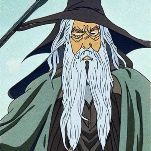 Image similar to gandalf from the anime lord of the rings (1986), studio ghibli, very detailed, realistic