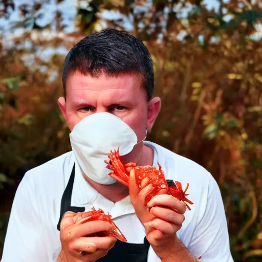 Prompt: man with a gimp mask eating prawns