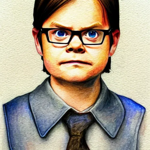Prompt: a portrait of dwight schrute, from the office ( 2 0 0 5 ). colored pencil and watercolor artwork in the style of lilia alvarado. color harmony