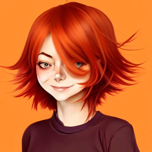 Prompt: <https://s.mj.run/Ku8PZQlrOPQ> beautiful anime girl, Emma Stone, orange glowing hair, sarcastic smiling, clear clean face, symmetrical face, blurry background, pose, face by Ilya Kushinov style, style by Loish, Norman Rockwell, painterly style, flat illustration