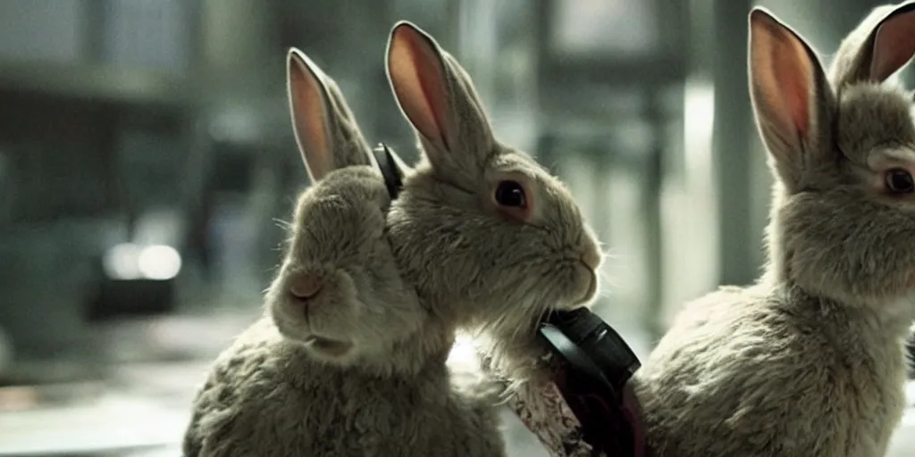 Prompt: a rabbit in the movie the dark knight screenshot