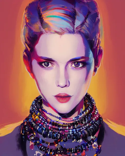 Image similar to half - electricity woman, white and multicolored hair and several necklaces around her neck, with cute - fine - face, pretty face, realistic shaded perfect face, fine details by realistic shaded lighting poster by ilya kuvshinov katsuhiro otomo, magali villeneuve, artgerm, jeremy lipkin and michael garmash and rob rey