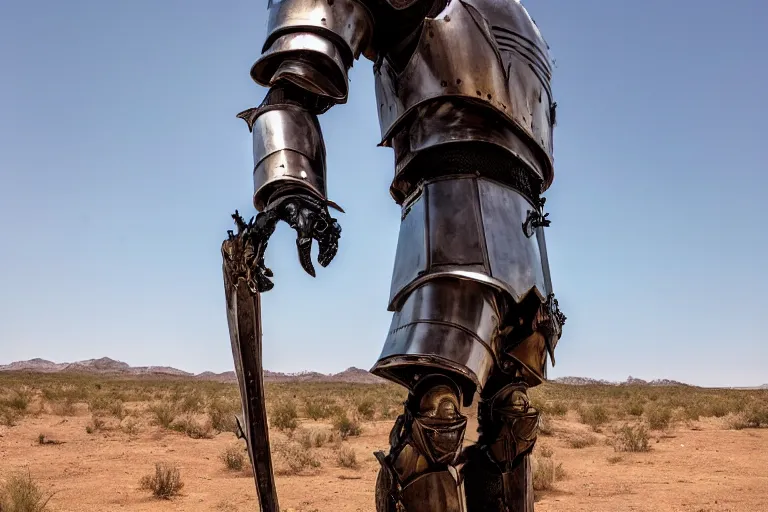 Image similar to photograph of a man in a very oversized mech armor that is 3 0 feet tall and 1 0 feet wide. his head is very small sticking out of the armor. desert setting. high detail.