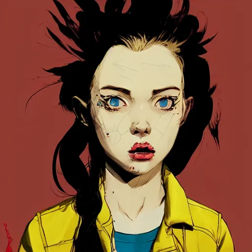 Prompt: Highly detailed portrait of a punk slightly zombifiedyoung lady by Atey Ghailan, by Loish, by Bryan Lee O'Malley, by Cliff Chiang, inspired by image comics, inspired by graphic novel cover art !!!Yellow, brown, black and cyan color scheme ((dark blue moody background))
