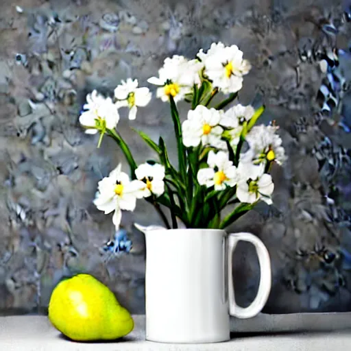 Prompt: bright white room showcasing ceramic mug surrounded by white flowers, green leaves, and pears, soft zen minimalist, white background, bright, crisp