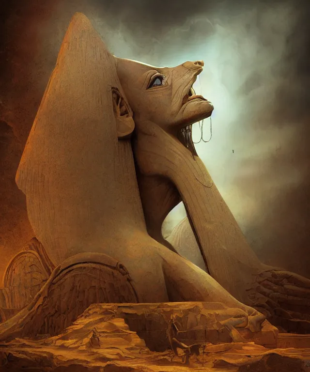 Image similar to epic professional digital art the sphinx, horrific yet beautiful vibe, evocative, atmospheric lighting, painted, intricate, highly detailed, by leesha hannigan, wayne haag, reyna rochin, ignacio fernandez rios, mark ryden, iris van herpen, artstation, cgsociety, stunning, gorgeous, sharp focus, cinematic, masterpiece