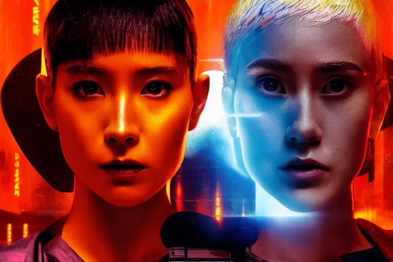 Image similar to a still from the film bladerunner 2 0 4 9 depicting haruka abe wearing an orange prison jumpsuit. behind her a gigantic holographic face can be seen. sci fi, futuristic,