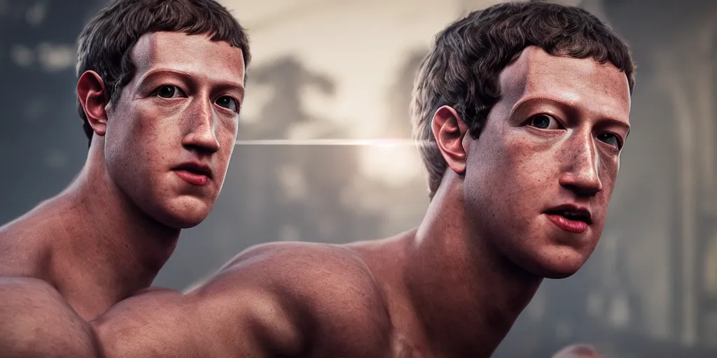 Image similar to professional photograph of a muscular mark zuckerberg as julius caesar, gleaming skin, glowing, sparkling, hyper realistic, digital painting, rendered in unreal 5, octane render, artstation, ambient lighting