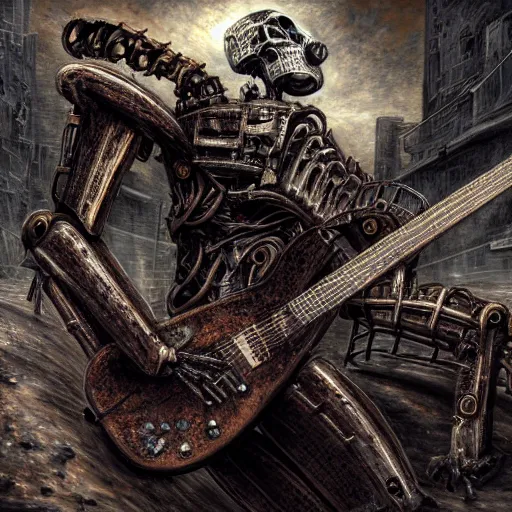 Image similar to death robot shredding guitar, standing in ruined burning street by Yoshitaka Amano, by HR Giger, biomechanical, 4k, hyper detailed, hyperrealism, anime, a Blood Moon rising on a Broken World, deviantart, artstation