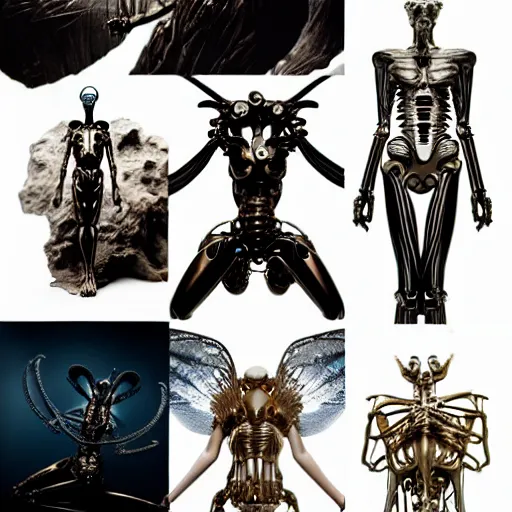 Image similar to still frame from Prometheus movie by Makoto Aida, flying biomechanical angel gynoid by giger, mimicking devil's flower mantis, metal couture by Guo pei, editorial by Malczewski and by Caravaggio