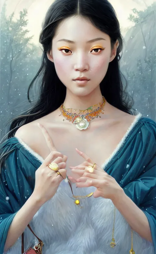 Image similar to a beautiful young charming asian goddess with sundress + jewelry + shinny eyes | | winter, symmetric, realistic shaded, unpleasant face, good looking, fine details, dior, lv, realistic shaded lighting poster by greg rutkowski, macoto takahashi, magali villeneuve, artgerm, jeremy lipkin and michael garmash