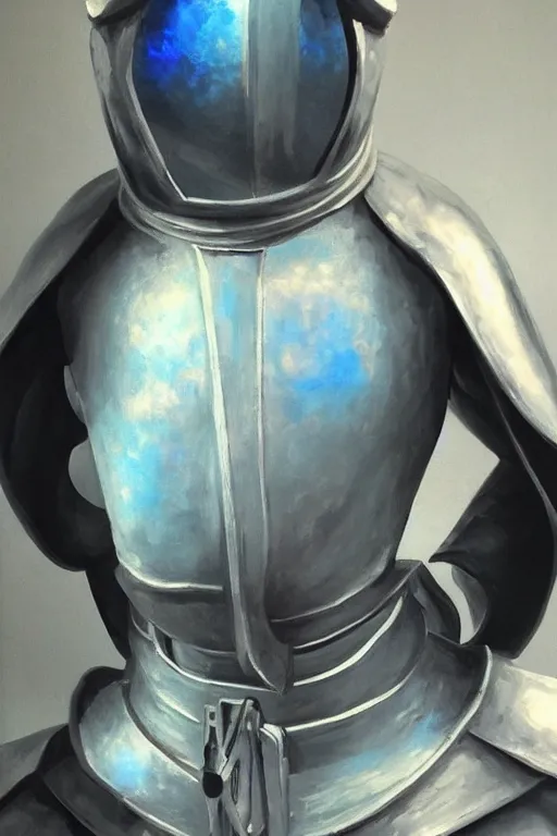 Prompt: hyperrealism oil painting, close - up portrait of albino medieval fashion model, knight, steel gradient mixed with nebula sky, in style of baroque