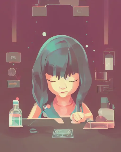 Image similar to a little girl is doing a science experiment. clean cel shaded vector art. minimalist illustration art by lois van baarle, artgerm, helen huang, petros afshar by makoto shinkai and ilya kuvshinov, rossdraws