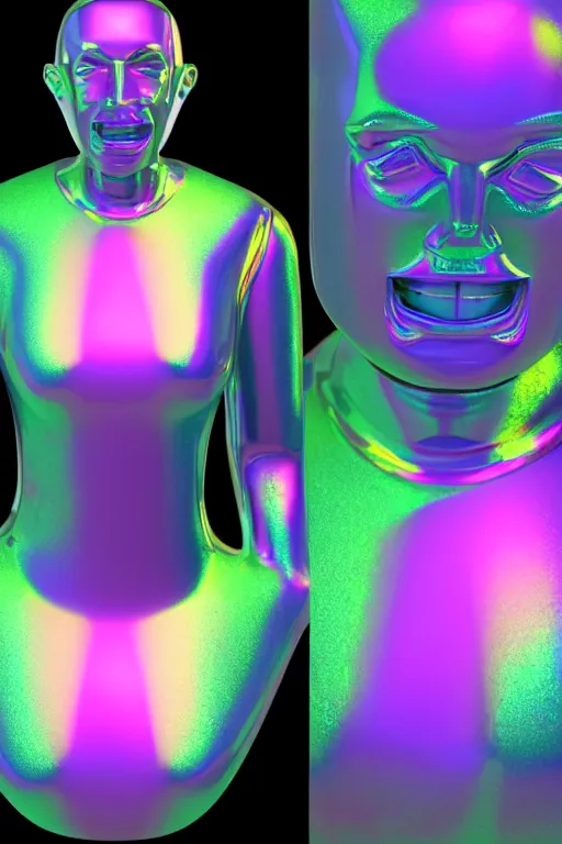 Image similar to 3d render of holographic angry human robotic screaming angry bust made of glossy iridescent, screaming, bust, surrealistic 3d illustration of a human non-binary, non binary model, 3d model human, cryengine, made of holographic texture, holographic material, holographic rainbow, concept of cyborg and artificial intelligence
