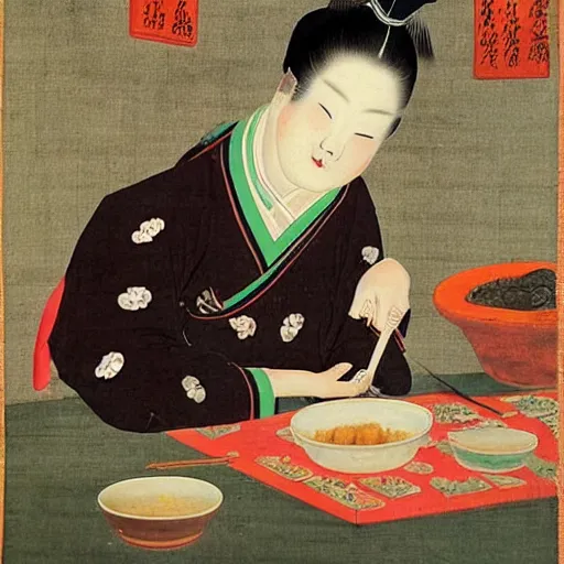 Prompt: the Chinese ancient painting of a lady eating a piece of cheesecake in Tang Dynasty , by Han Xizai