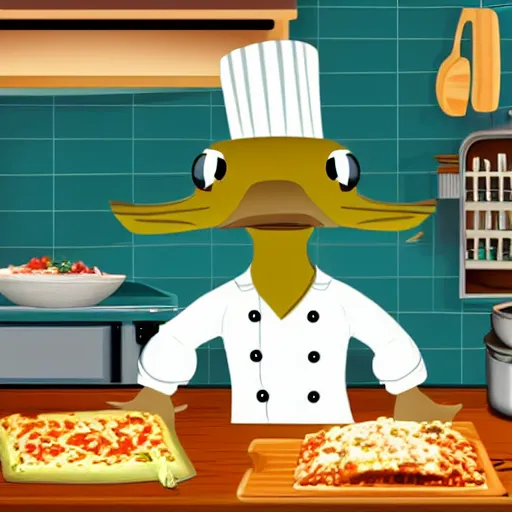 Image similar to cute platypus on a kitchen wearing a chef hat and holding a lasagna into an oven, digital art