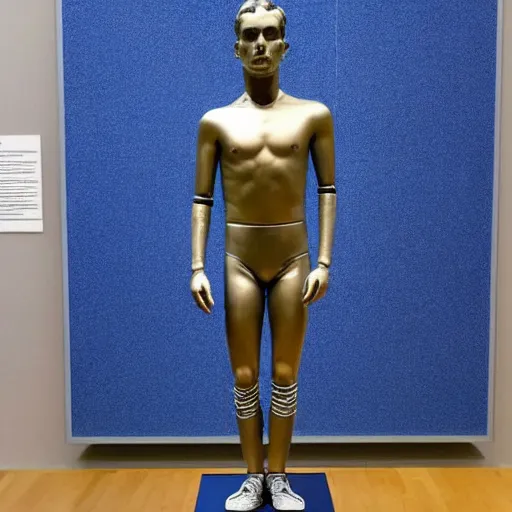 Image similar to “ a realistic detailed photo of a guy who is an attractive humanoid who is half robot and half humanoid, who is a male android, soccer player antoine griezmann, shiny skin, posing like a statue, blank stare, at the museum, on display ”