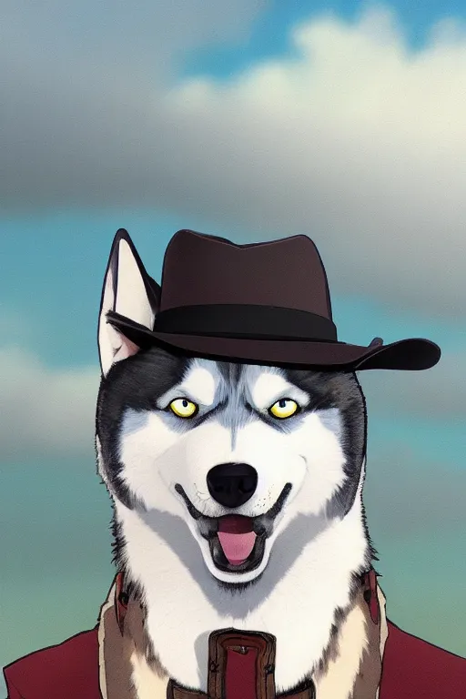 Prompt: a portrait painting of a husky in cowboy costume, wearing a cowboy hat, by [ studio ghibli ], in the style of anime, [ western film ], [ red dead ], trending on artstation