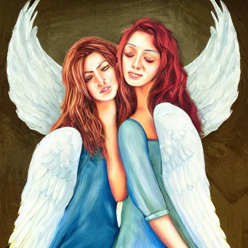 Image similar to a painting two young women best friends in their twenties hugging, they are both beautiful with long blond hair, one of the girls has a halo above her head and angel wings, highly detailed, digital art