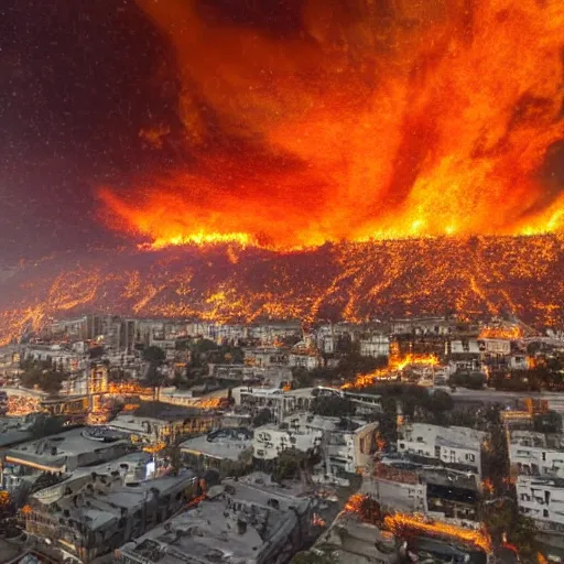 Image similar to a photograph photo of a city being scorched by holy fire from the sky and meteors