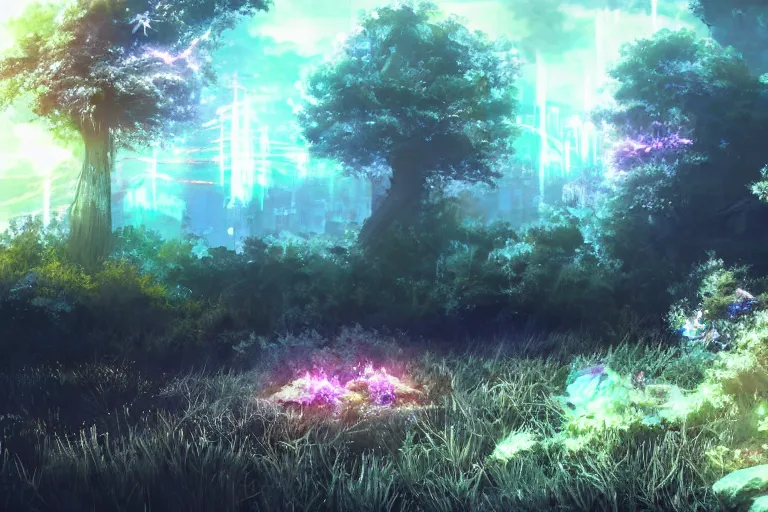 Image similar to scenery artwork, scene beautiful, light essence bioluminescent acrylic and cold nier automata pixiv scenery artwork : nature dream wire vegetation magic density infinite, hypersigil astrology macro seminal dream points of frozen imaginative vaporwave juice fluid dream scenery, high quality astral projection renders, nier automata, concept art