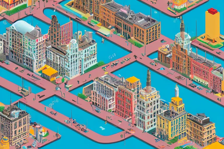 Image similar to isometric illustration of a city scape by Wes Anderson, hyperrealistic, photorealistic, artstyle, highly detailed, sharp