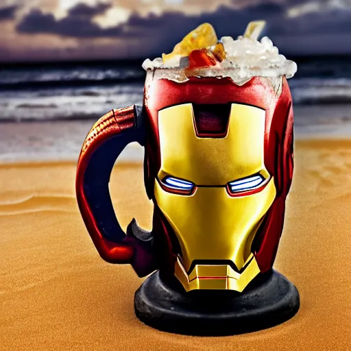 Image similar to a closeup photorealistic photograph of an iron man style tiki mug at a trader vic's beach bar featuring the face of iron man. tiki party. bright scene. fine detail. this 4 k hd image is trending on artstation, featured on behance, well - rendered, extra crisp, features intricate detail, epic composition and the style of unreal engine.