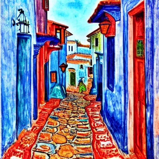 Prompt: narrow streets of old chefchaouen, turquoise and blue color, graphic novel, watercolor, by claude monet, by edward munch