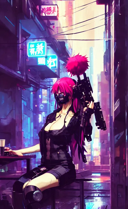 Prompt: cyberpunk anime girl sit in a night bar, cyberpunk oni mask, 3 / 4 shot, street night, beautiful face, grafity, arcane, action, detail, good face, pose model, concept art, in style of yoji shinkawa, pan ren wei, col price, atey ghailan, by greg rutkowski, aesthetic, digital painting