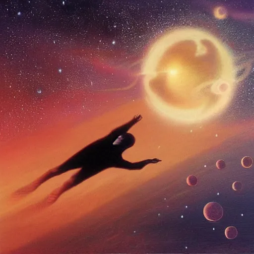 Image similar to A person floating through space in a lucid dream by David A. Hardy