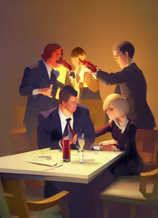Prompt: governments drinking cocktsil together while making their people wage war on each other by Craig Mullins, ilya kuvshinov, krenz cushart, artgerm trending on artstation by Edward Hopper and Dan Mumford and WLOP, Unreal Engine 5, Lumen, Nanite