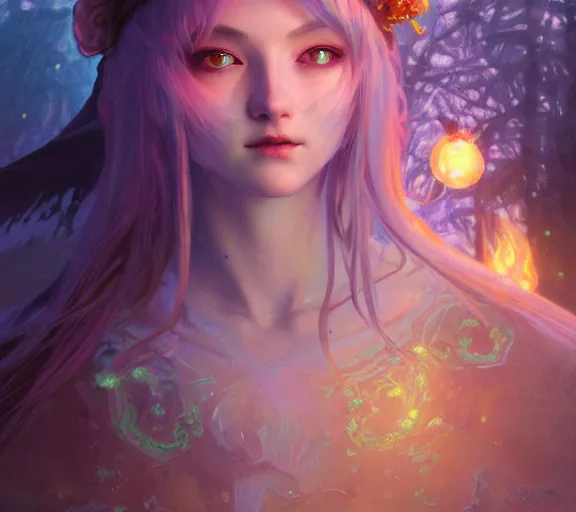 Image similar to beautiful ancient pastel frost witch, fire in eye, snow glow, pool party, highly detailed, digital painting, artstation, sharp focus, illustration, art by tan zi and ayanamikodon and alphonse mucha and wlop