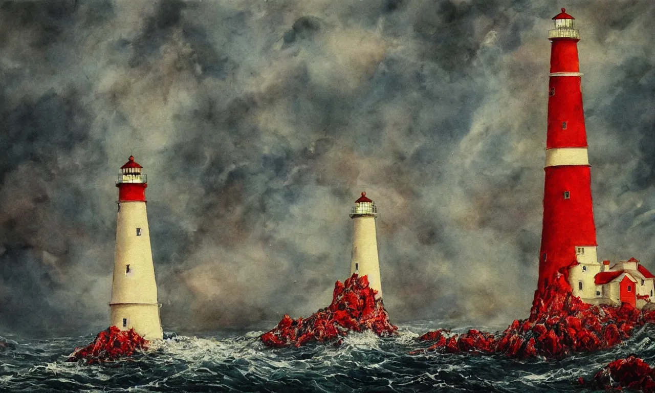 Prompt: a beautiful painting of a lighthouse surrounded by a tumultuous turbulent sea of blood by John Blanche n-9