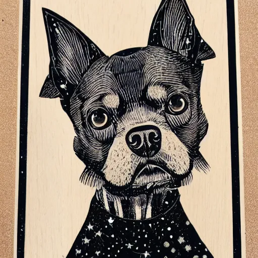 Image similar to Woodcut portrait of a beautiful cute dog with robot ears by falling into the stars greg rutkowski, 4k, intricate details