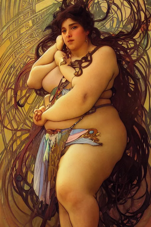 Image similar to portrait of a beautiful chonky young female warrior in the middle of a fight as drawn by by loish, alphonse mucha, thomas moran, mandy jurgens, fashion photography 8 k subsurface scattering, soft light