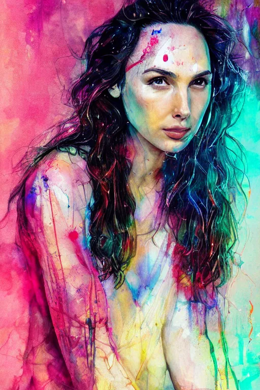 Image similar to gal gadot by agnes cecile enki bilal moebius, intricated details, sitting on a stool, full body portrait, extremely luminous bright design, pastel colours, drips, autumn lights