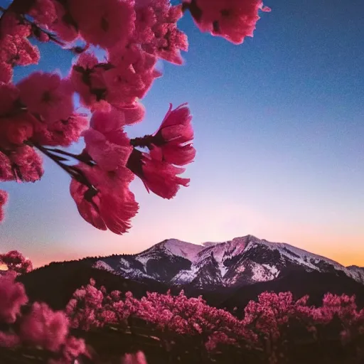Image similar to low angle photo of the mountains and sky during the sunset. only a very bright star can be seen in the sky and some clouds. some sakura petals in the air. photorealistic