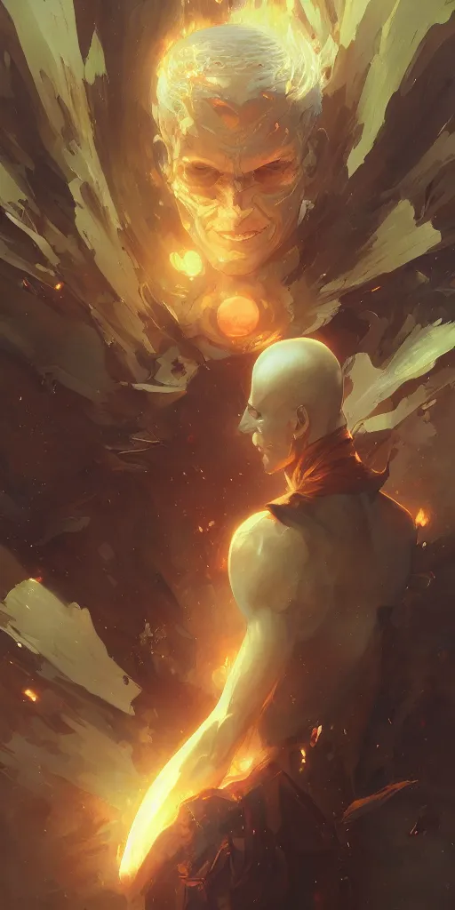 Prompt: evil saitama destroys the sun into supernova intricate and fine details, digital painting, artstation, illustration, greg rutkowski, krenz cushart, alphonse mucha