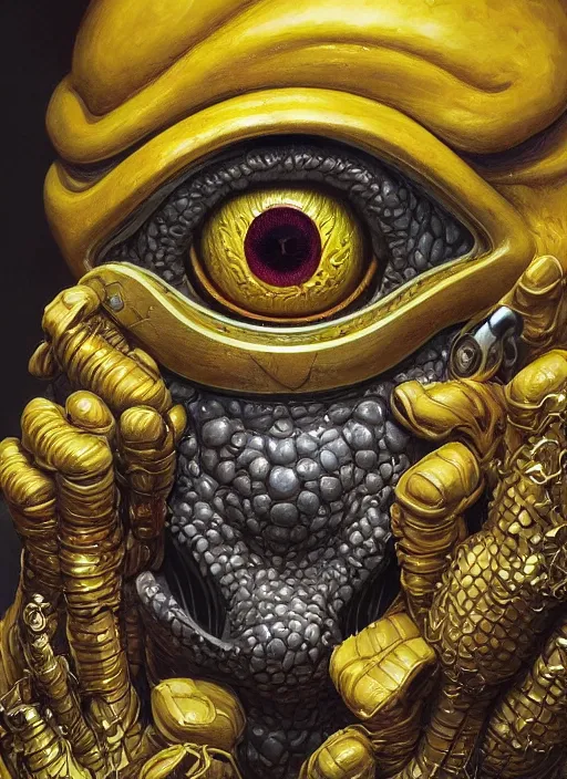 Image similar to homer simpson mf doom reptile eyes, yellow skin. intricate, elegant, highly detailed, centered, digital painting, artstation, concept art, smooth, sharp focus, illustration, artgerm, tomasz alen kopera, peter mohrbacher, donato giancola, joseph christian leyendecker, wlop, frank frazetta