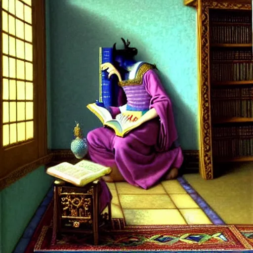 Image similar to a highly detailed fantasy pastel oil painting of a young wizard in ornate clothing lounging on a purpur pillow on the marble floor in front of her bookcase, studying an ancient tome. to the side is a potted plant and some blue candles. ancient oriental fantasy setting. in the style vermeer, yoshitaka amano and mark tedin