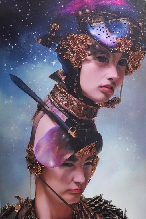 Image similar to hyperrealism oil painting, close - up portrait of medieval fashion model, warrior, steel gradient mixed with nebula sky, in style of baroque mixed with 7 0 s japan book art